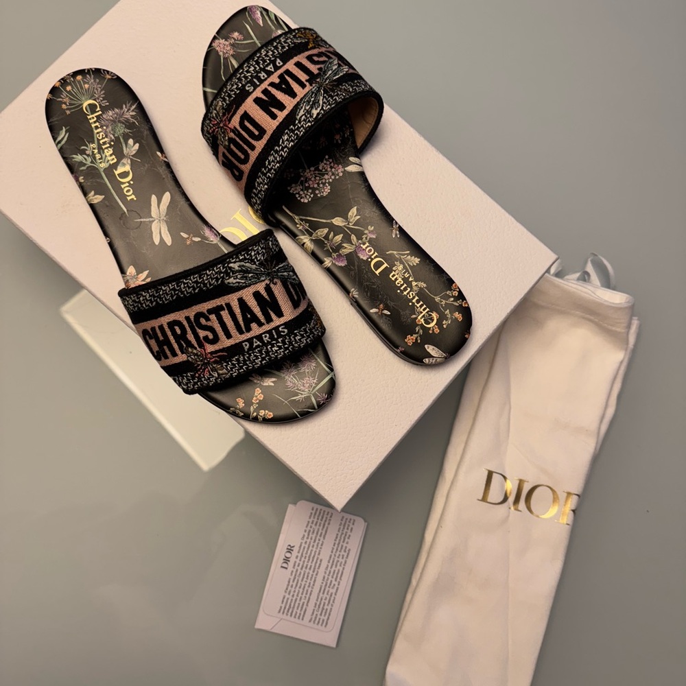 Christian Dior Black Floral Dway Slides Herbarium Embro Size 36.5